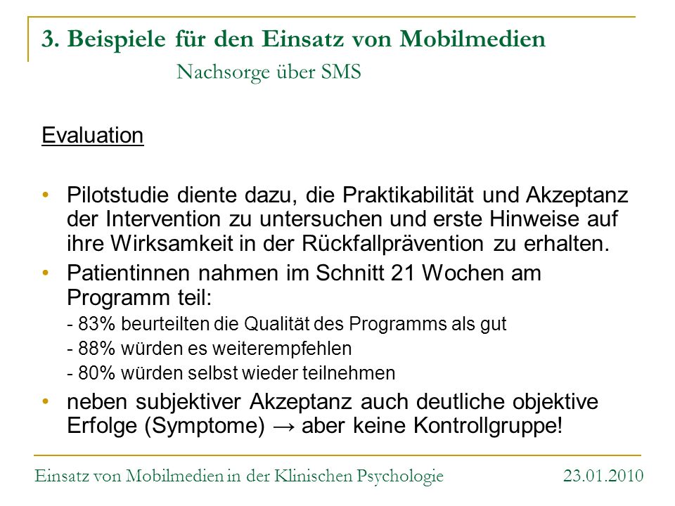 3. Beispiele für den Einsatz von Mobilmedien Nachsorge über SMS