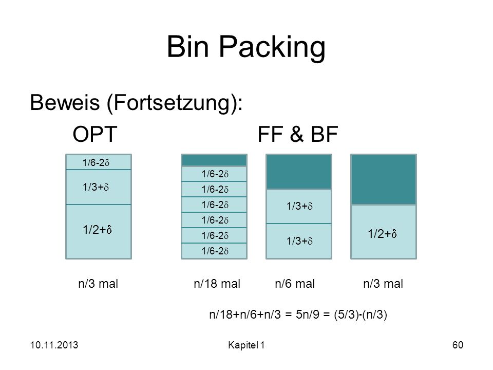 Bin Packing Beweis (Fortsetzung): OPT FF & BF 1/2+d 1/2+d n/3 mal