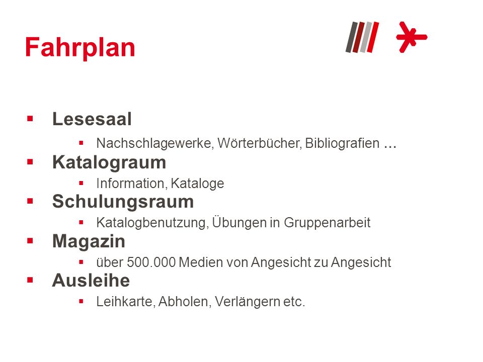 Fahrplan Lesesaal Katalograum Schulungsraum Magazin Ausleihe