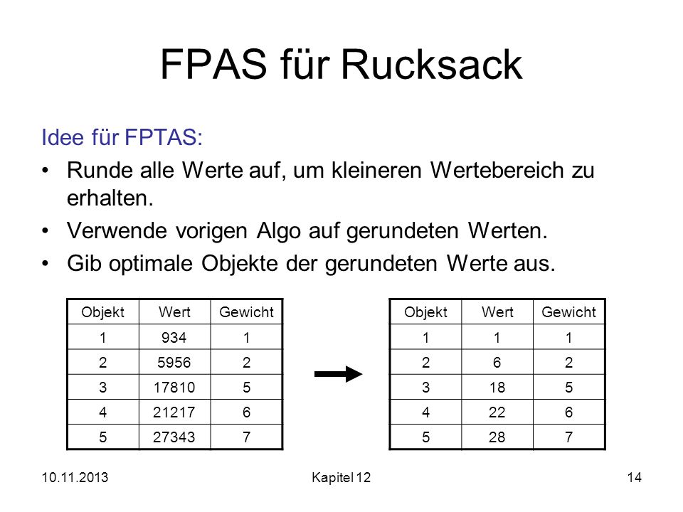 FPAS für Rucksack Idee für FPTAS:
