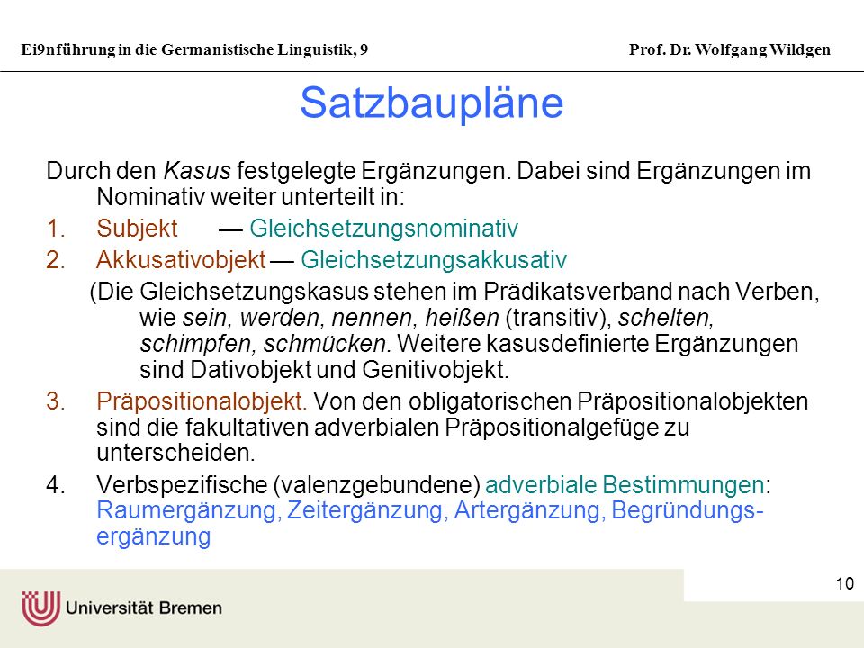 Satzbaupläne Durch den Kasus festgelegte Ergänzungen. Dabei sind Ergänzungen im Nominativ weiter unterteilt in: