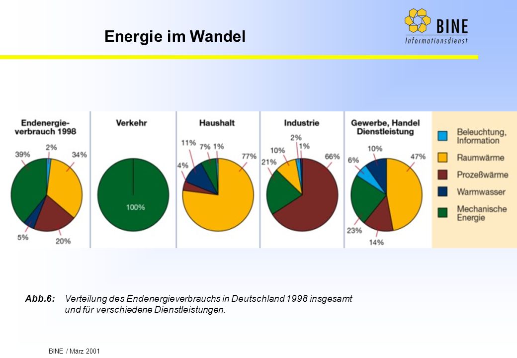 Abb.6: Verteilung des Endenergieverbrauchs in Deutschland 1998 insgesamt und für verschiedene Dienstleistungen.
