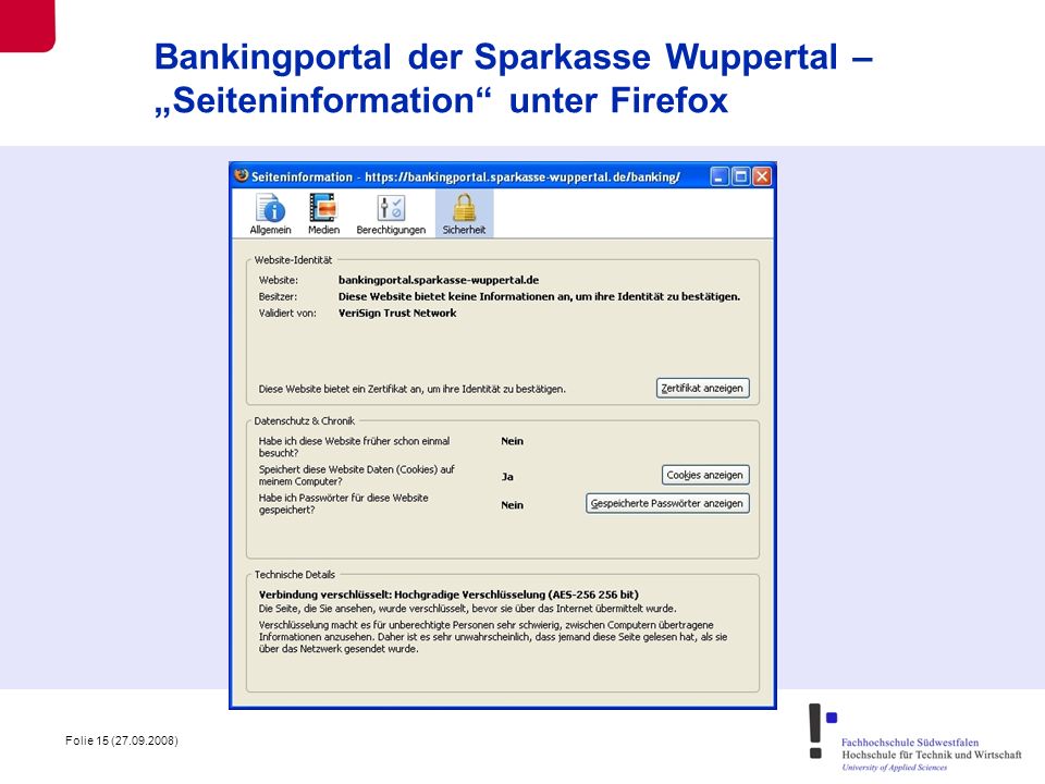 Bankingportal der Sparkasse Wuppertal – „Seiteninformation unter Firefox