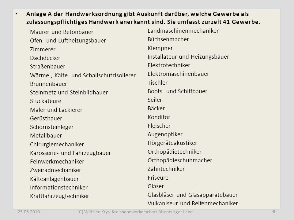 Anlage A der Handwerksordnung gibt Auskunft darüber, welche Gewerbe als zulassungspflichtiges Handwerk anerkannt sind. Sie umfasst zurzeit 41 Gewerbe.