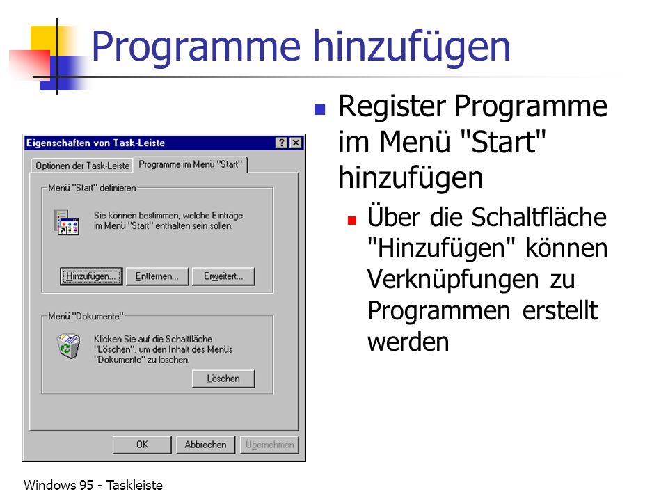 Programme hinzufügen Register Programme im Menü Start hinzufügen