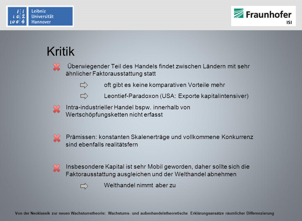 Kritik Überwiegender Teil des Handels findet zwischen Ländern mit sehr ähnlicher Faktorausstattung statt.