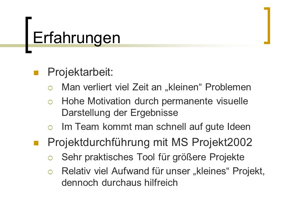 Erfahrungen Projektarbeit: Projektdurchführung mit MS Projekt2002