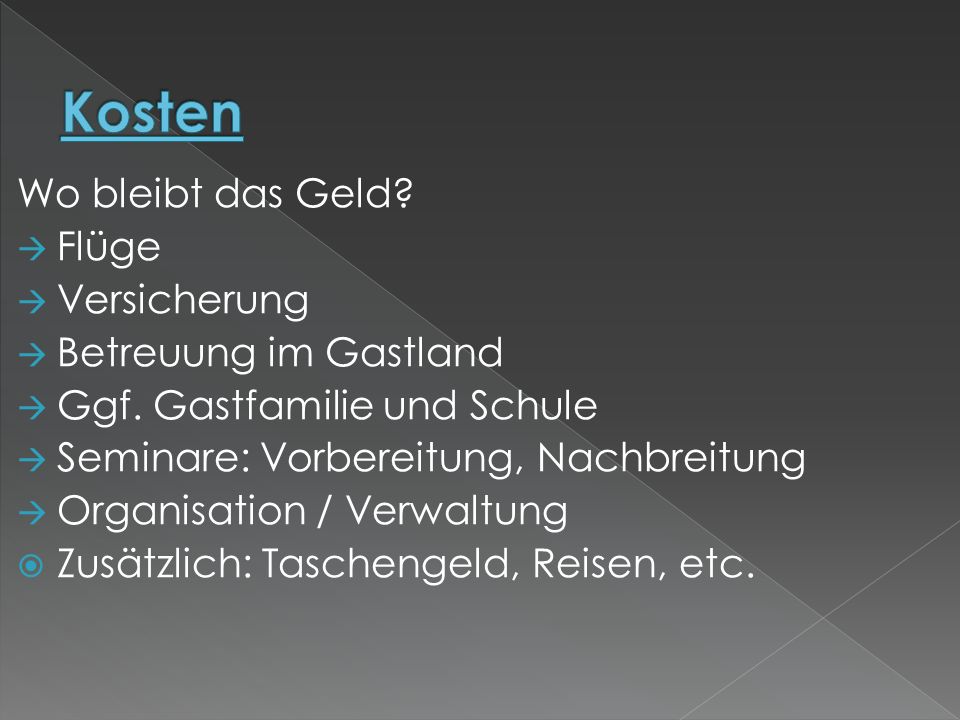 Kosten Wo bleibt das Geld Flüge Versicherung Betreuung im Gastland