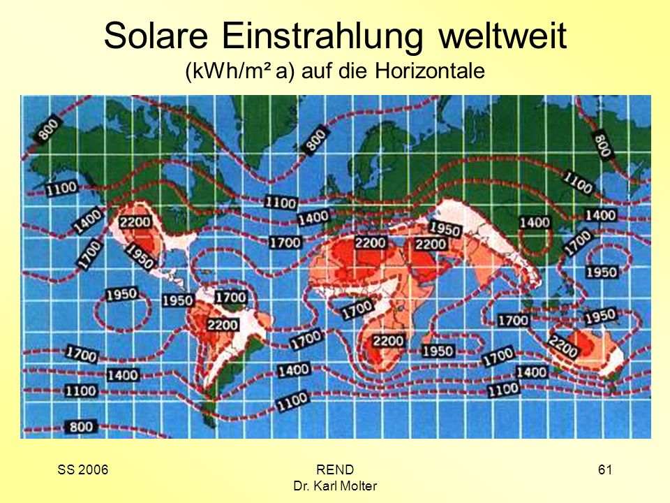 Solare Einstrahlung weltweit (kWh/m² a) auf die Horizontale