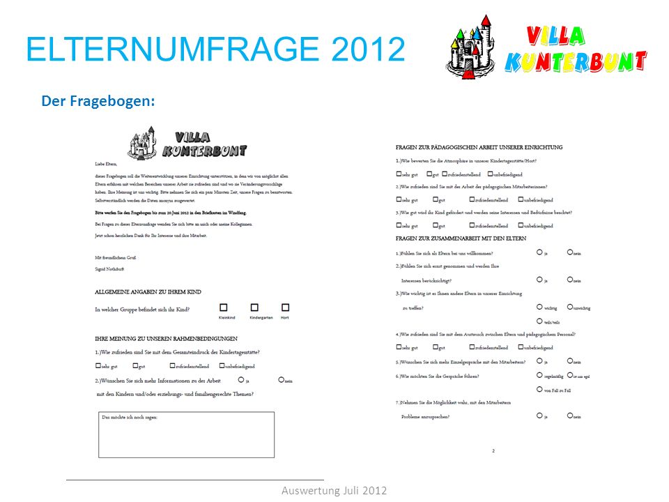 ELTERNUMFRAGE 2012 Der Fragebogen: Auswertung Juli 2012
