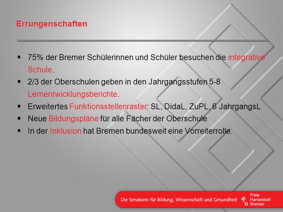 Errungenschaften 75% der Bremer Schülerinnen und Schüler besuchen die integrative Schule.