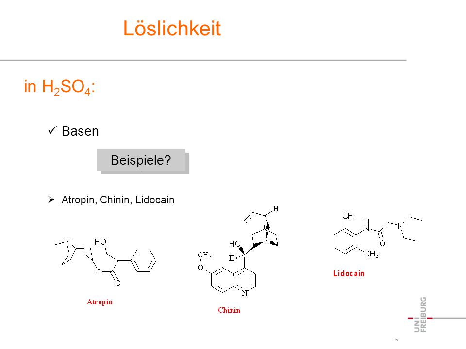 Löslichkeit in H2SO4: Basen Atropin, Chinin, Lidocain Beispiele