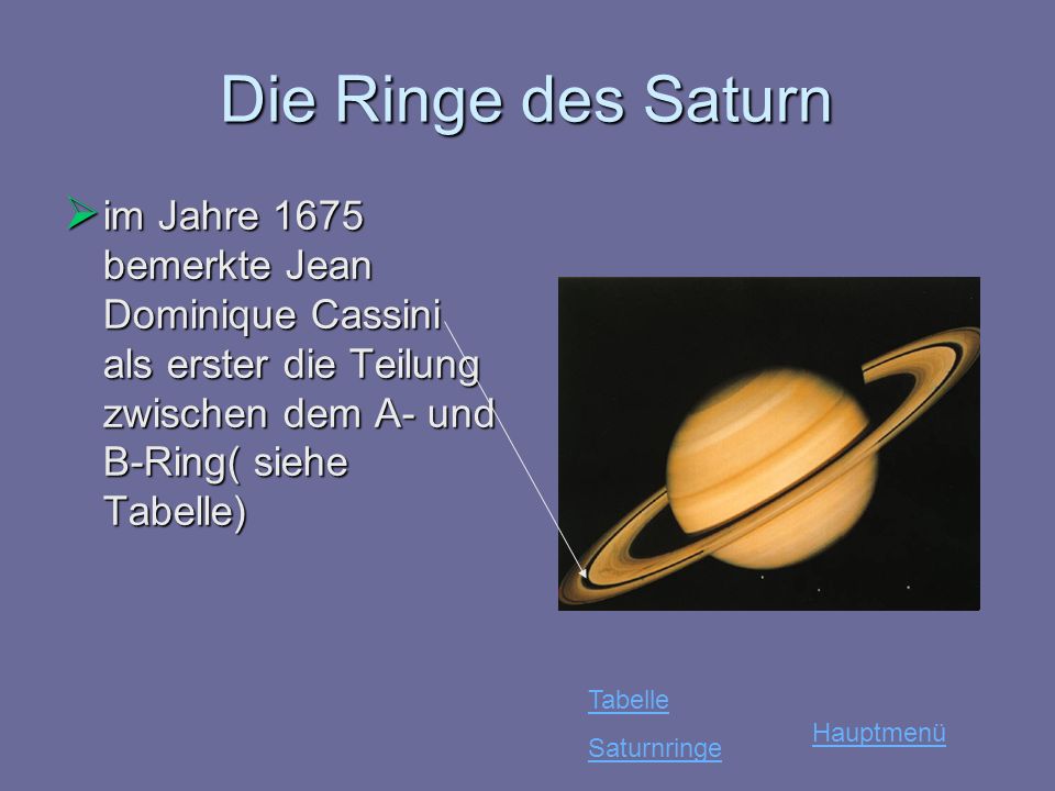 Die Ringe des Saturn im Jahre 1675 bemerkte Jean Dominique Cassini als erster die Teilung zwischen dem A- und B-Ring( siehe Tabelle)