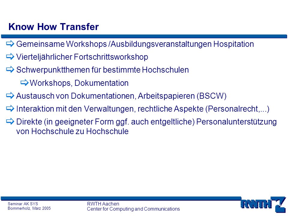 Know How Transfer Gemeinsame Workshops /Ausbildungsveranstaltungen Hospitation. Vierteljährlicher Fortschrittsworkshop.