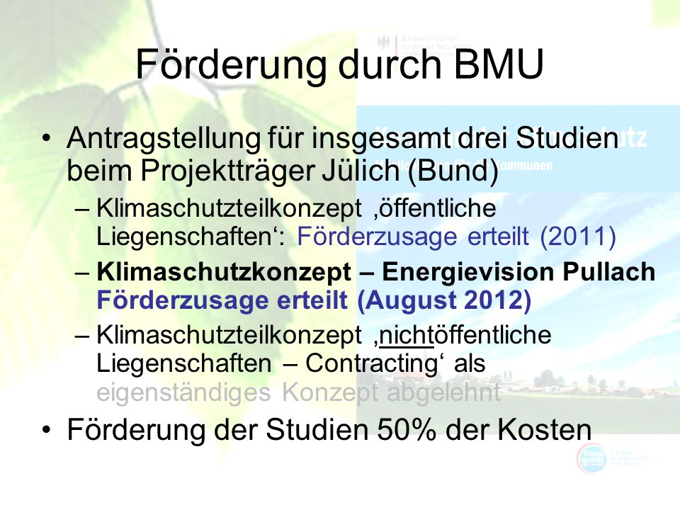 Förderung durch BMU Antragstellung für insgesamt drei Studien beim Projektträger Jülich (Bund)