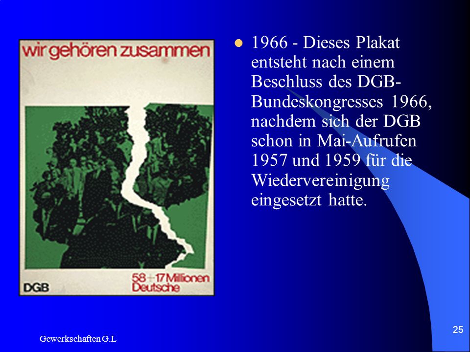 Dieses Plakat entsteht nach einem Beschluss des DGB-Bundeskongresses 1966, nachdem sich der DGB schon in Mai-Aufrufen 1957 und 1959 für die Wiedervereinigung eingesetzt hatte.