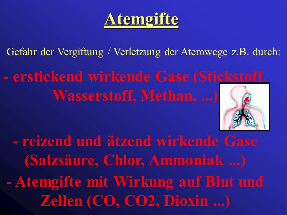 Atemgifte Gefahr der Vergiftung / Verletzung der Atemwege z.B. durch: - erstickend wirkende Gase (Stickstoff, Wasserstoff, Methan, ...)