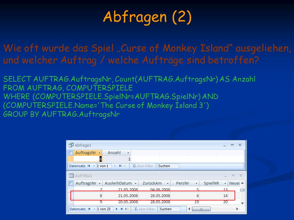 Abfragen (2) Wie oft wurde das Spiel „Curse of Monkey Island ausgeliehen, und welcher Auftrag / welche Aufträge sind betroffen