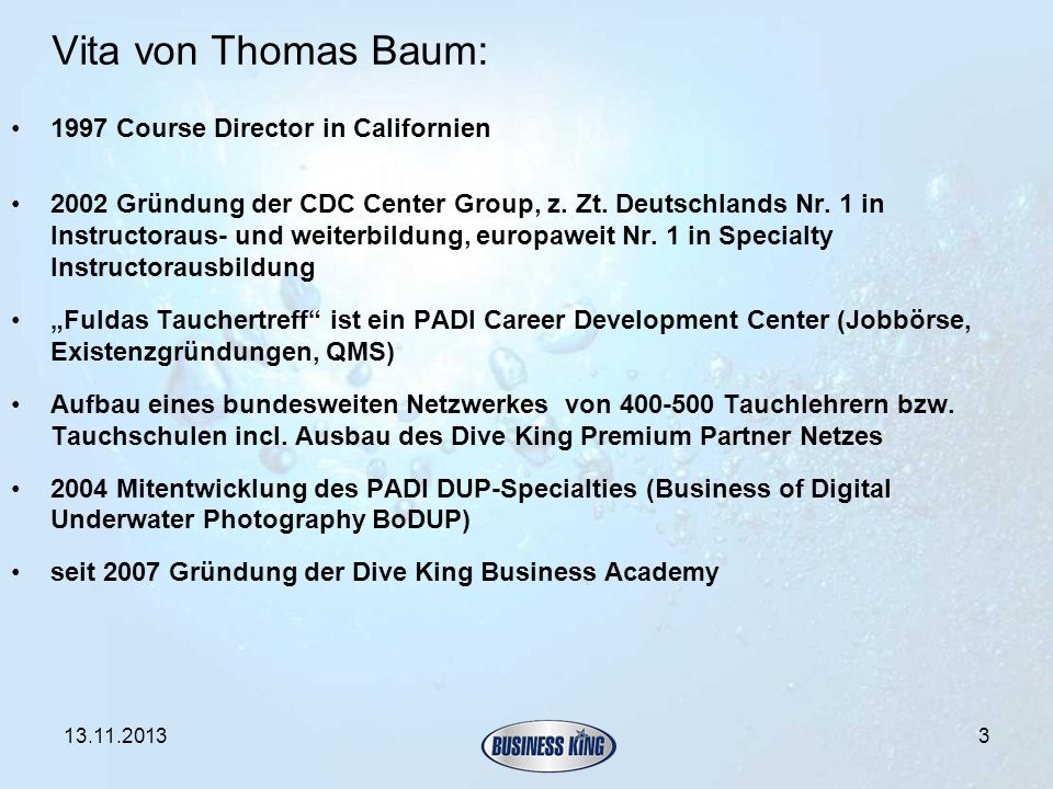 Vita von Thomas Baum: 1997 Course Director in Californien