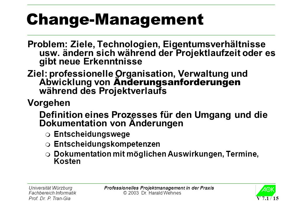 Change-Management Problem: Ziele, Technologien, Eigentumsverhältnisse usw. ändern sich während der Projektlaufzeit oder es gibt neue Erkenntnisse.