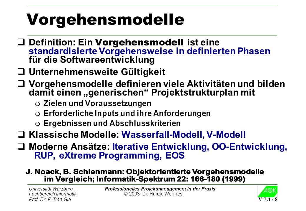 Vorgehensmodelle Definition: Ein Vorgehensmodell ist eine standardisierte Vorgehensweise in definierten Phasen für die Softwareentwicklung.