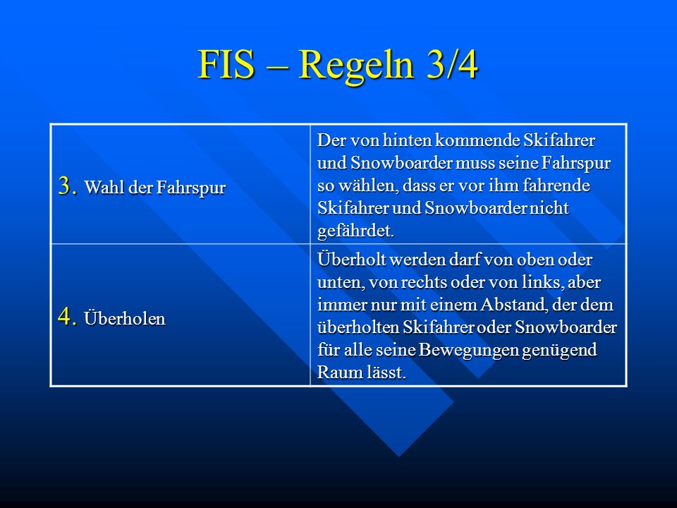 FIS – Regeln 3/4 3. Wahl der Fahrspur 4. Überholen