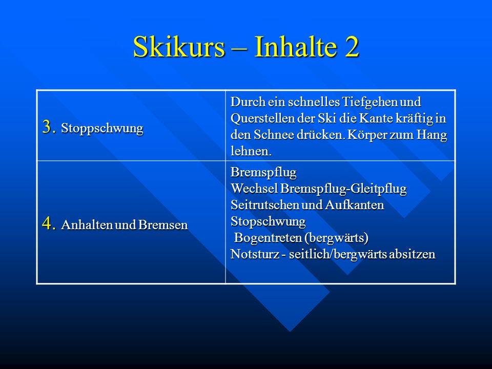 Skikurs – Inhalte 2 3. Stoppschwung 4. Anhalten und Bremsen