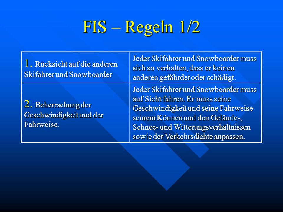 FIS – Regeln 1/2 1. Rücksicht auf die anderen Skifahrer und Snowboarder.