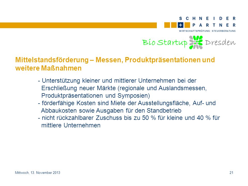 Mittelstandsförderung – Messen, Produktpräsentationen und weitere Maßnahmen