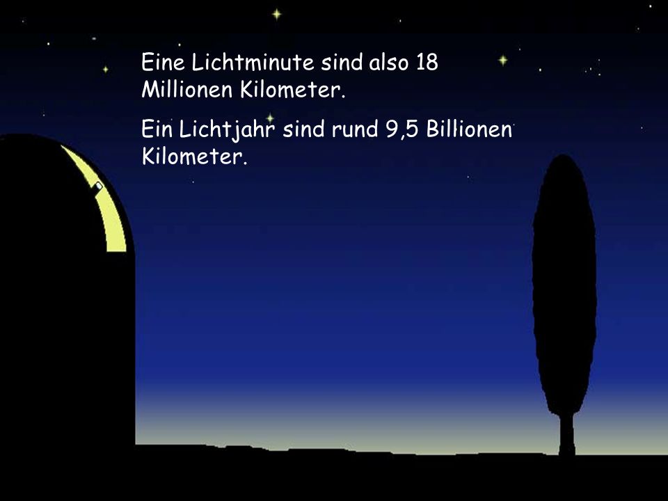 Eine Lichtminute sind also 18 Millionen Kilometer.