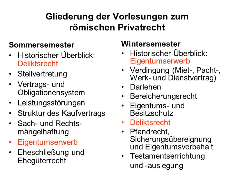 Gliederung der Vorlesungen zum römischen Privatrecht