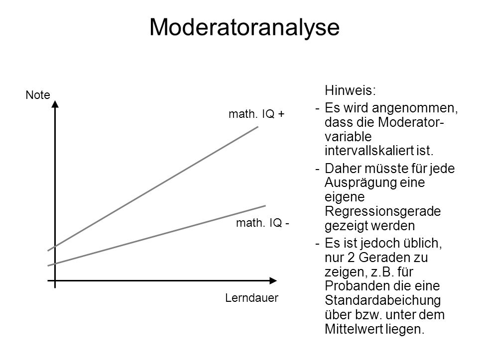 Moderatoranalyse Hinweis: Es wird angenommen, dass die Moderator-variable intervallskaliert ist.