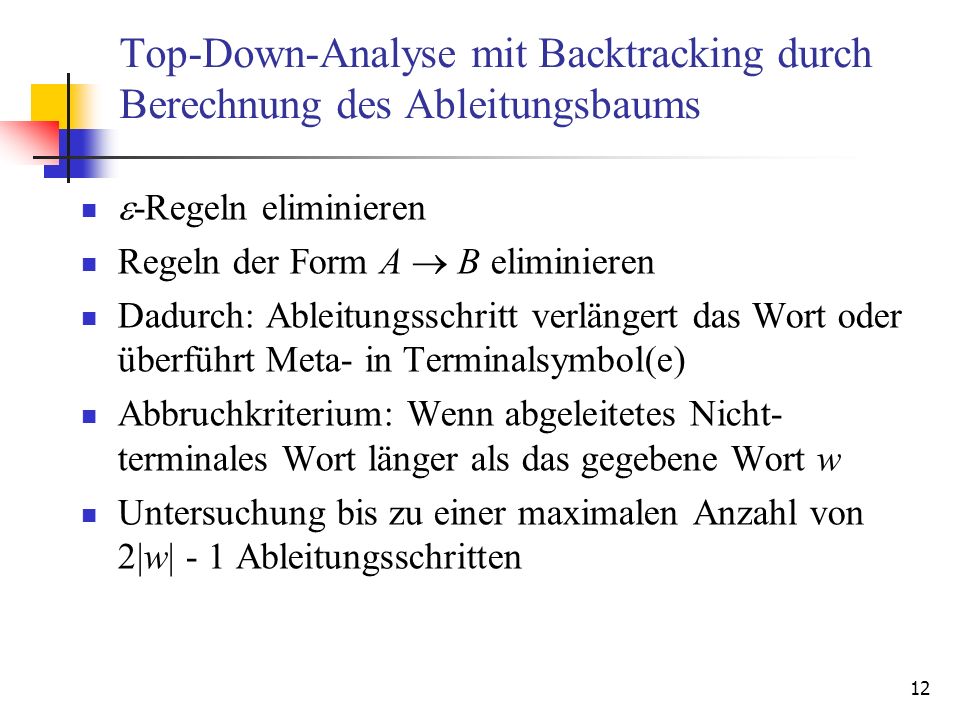 Top-Down-Analyse mit Backtracking durch Berechnung des Ableitungsbaums