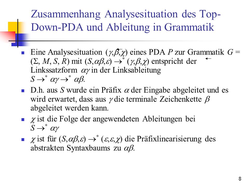 Zusammenhang Analysesituation des Top-Down-PDA und Ableitung in Grammatik