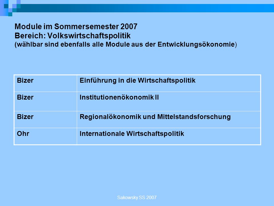 Module im Sommersemester 2007 Bereich: Volkswirtschaftspolitik (wählbar sind ebenfalls alle Module aus der Entwicklungsökonomie)