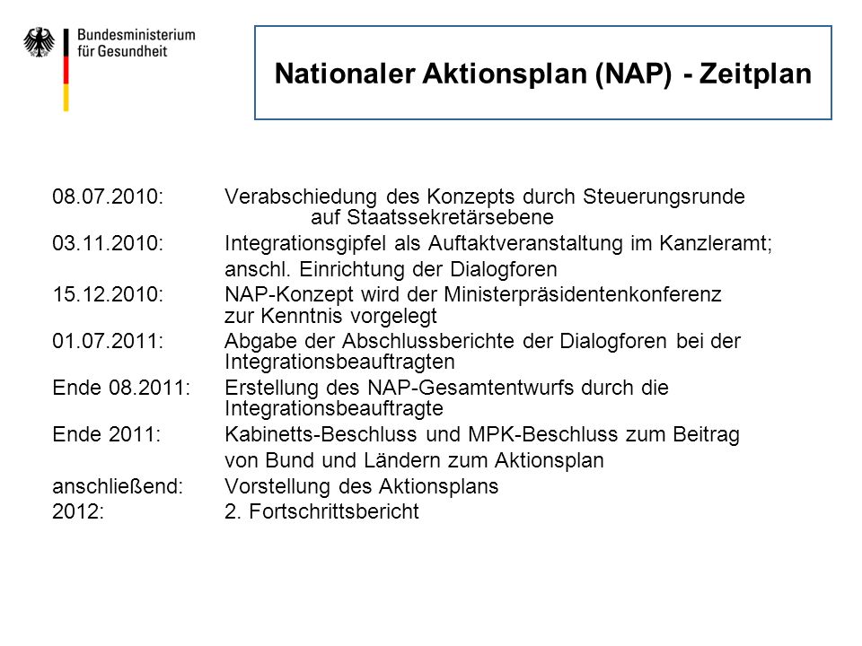 Nationaler Aktionsplan (NAP) - Zeitplan