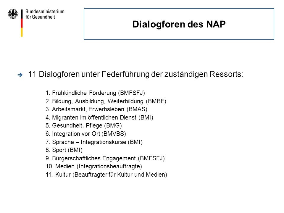 Dialogforen des NAP 11 Dialogforen unter Federführung der zuständigen Ressorts: