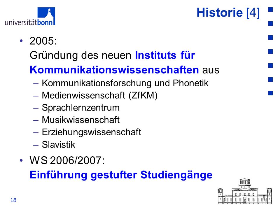 Historie [4] 2005: Gründung des neuen Instituts für Kommunikationswissenschaften aus. Kommunikationsforschung und Phonetik.