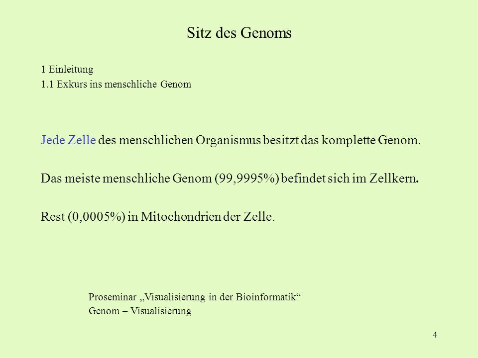 Sitz des Genoms 1 Einleitung. 1.1 Exkurs ins menschliche Genom. Jede Zelle des menschlichen Organismus besitzt das komplette Genom.