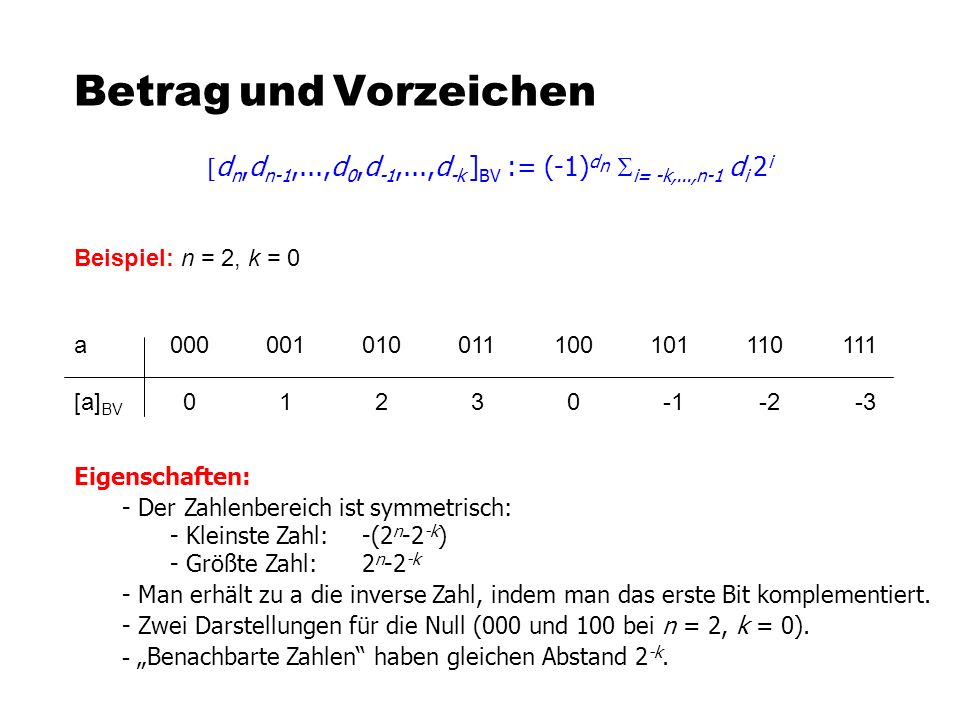 Betrag und Vorzeichen [dn,dn-1,...,d0,d-1,...,d-k ]BV := (-1)dn Si= -k,...,n-1 di 2i. Beispiel: n = 2, k = 0.