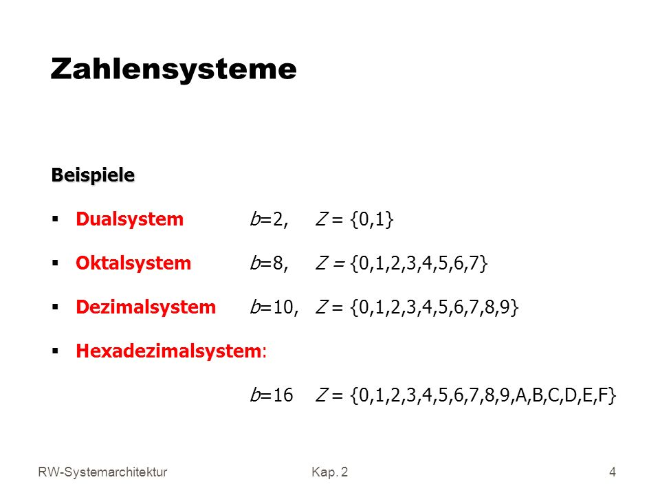 Zahlensysteme Beispiele Dualsystem b=2, Z = {0,1}