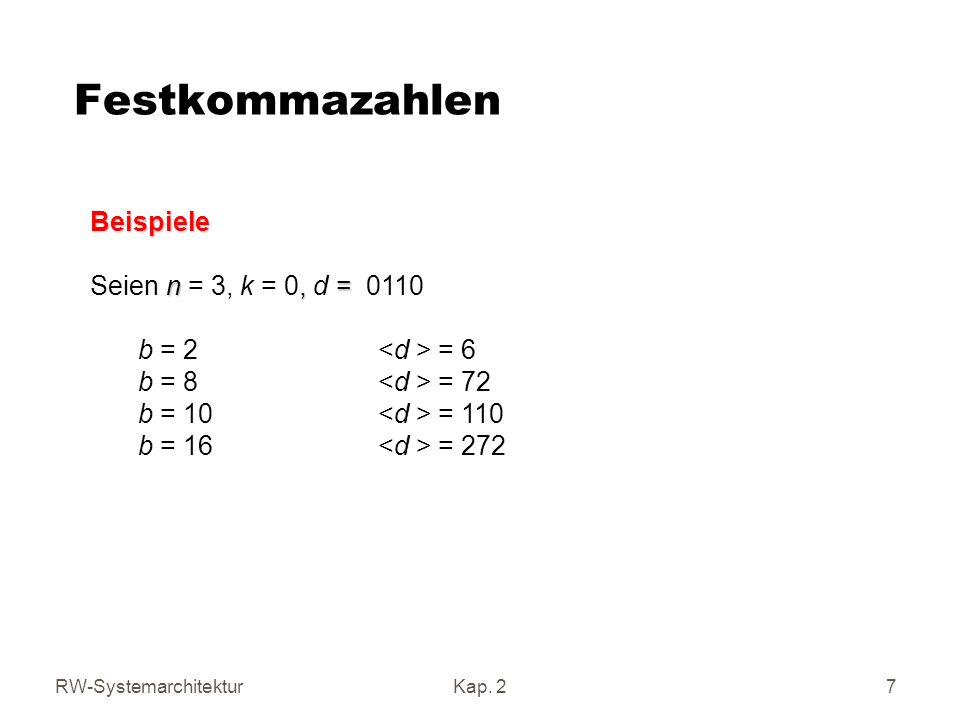 Festkommazahlen Beispiele Seien n = 3, k = 0, d = 0110
