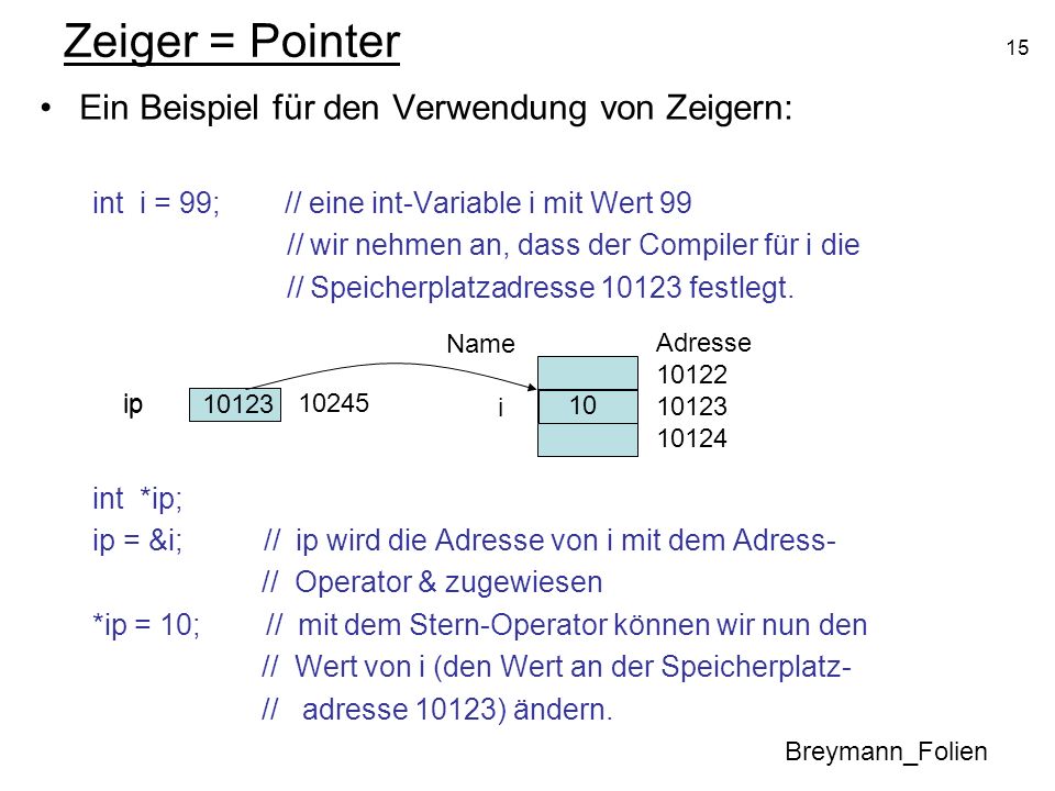 Zeiger = Pointer Ein Beispiel für den Verwendung von Zeigern:
