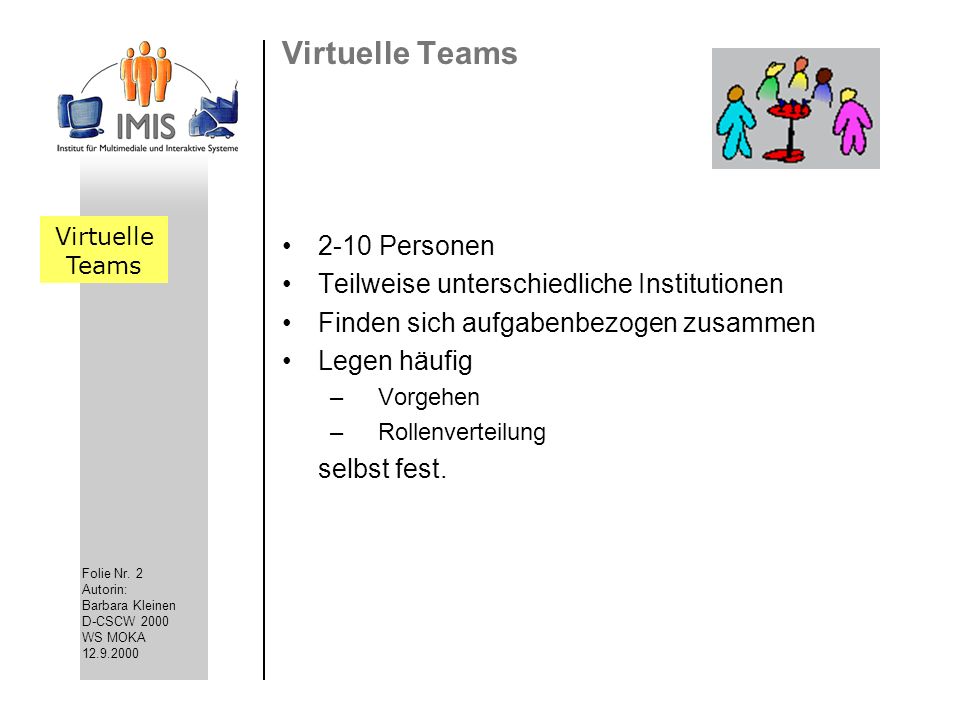 Virtuelle Teams 2-10 Personen Teilweise unterschiedliche Institutionen