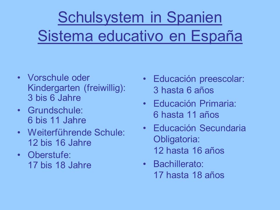 Schulsystem in Spanien Sistema educativo en España