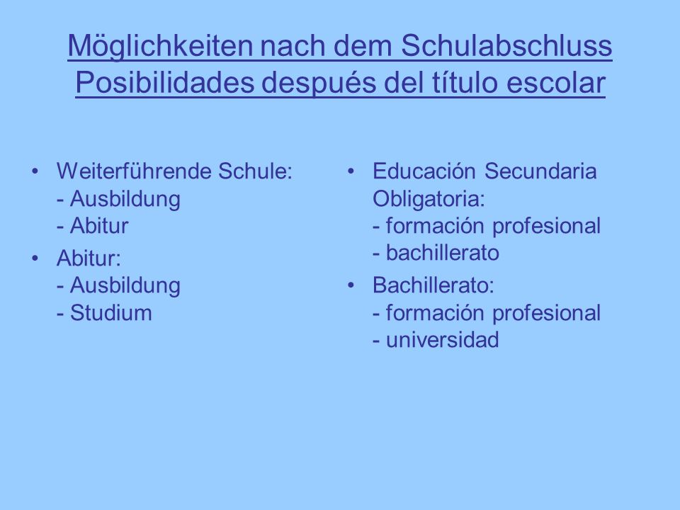 Möglichkeiten nach dem Schulabschluss Posibilidades después del título escolar