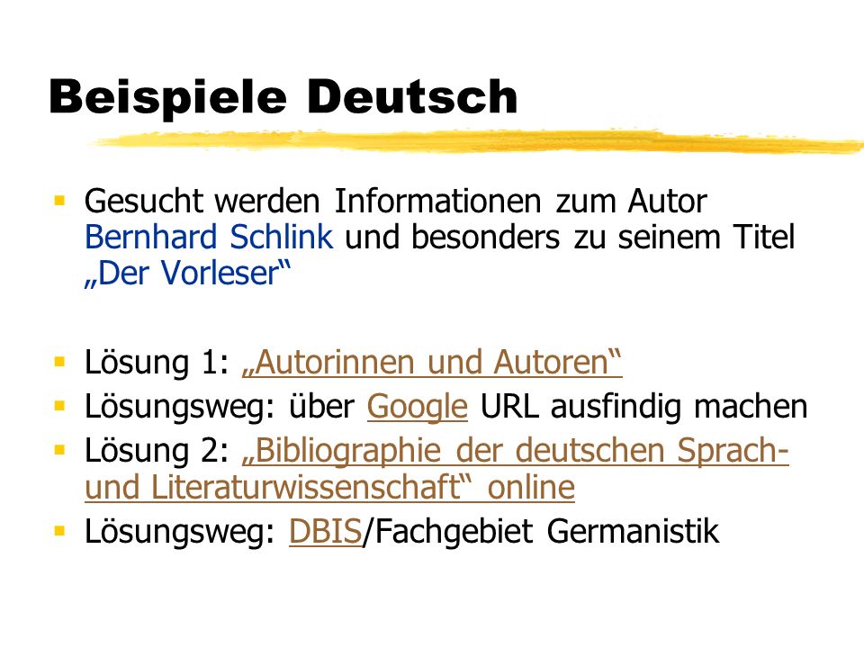 Beispiele Deutsch Gesucht werden Informationen zum Autor Bernhard Schlink und besonders zu seinem Titel „Der Vorleser