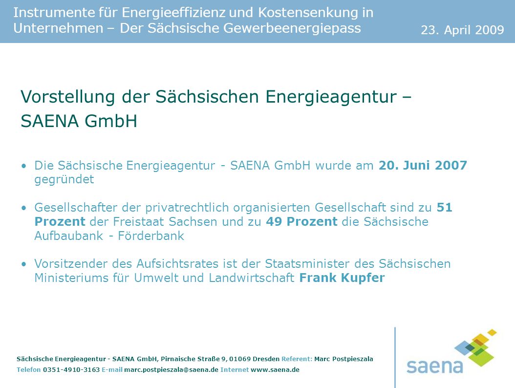 Vorstellung der Sächsischen Energieagentur – SAENA GmbH