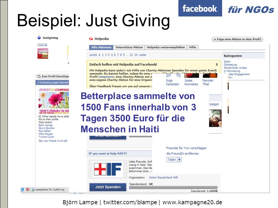 Beispiel: Just Giving Betterplace sammelte von 1500 Fans innerhalb von 3 Tagen 3500 Euro für die Menschen in Haiti.