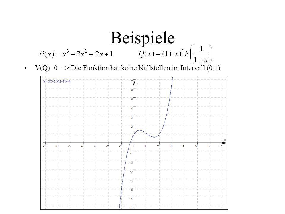 Beispiele V(Q)=0 => Die Funktion hat keine Nullstellen im Intervall (0,1)